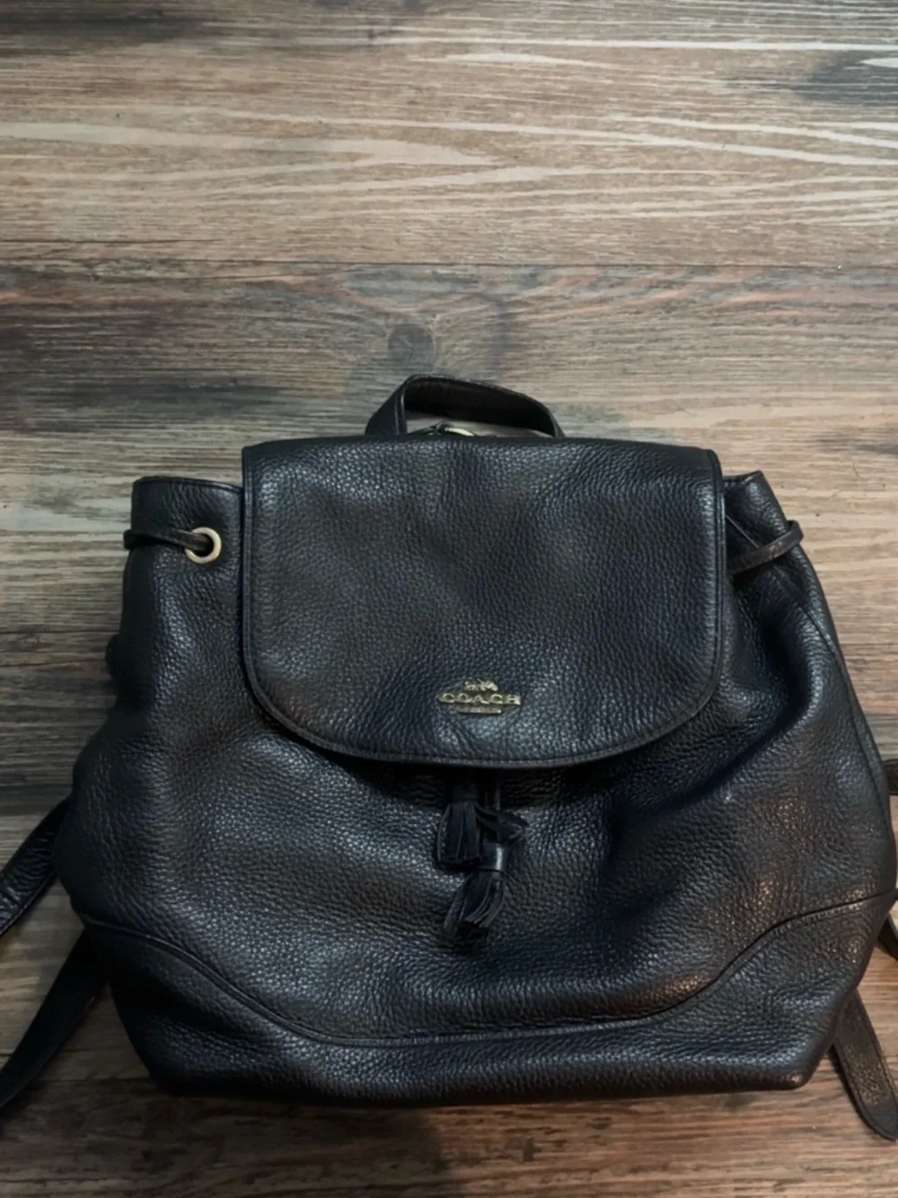Coach Black Pebbled Leather Drawstring Backpack with Gold Logo